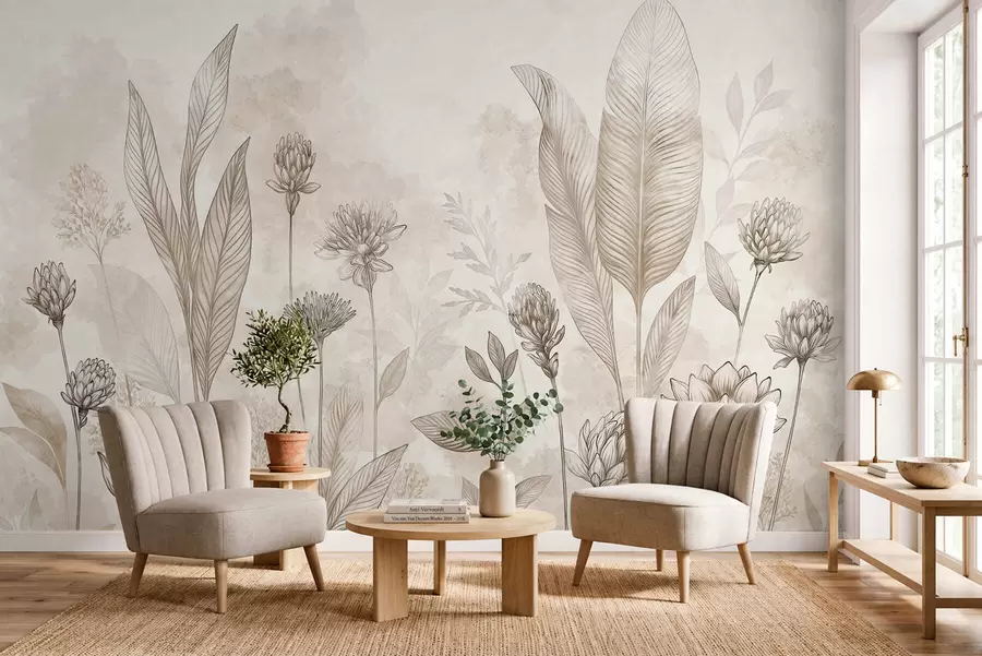Fototapeta Kompozycja botaniczna z kwiatami i liśćmi w05802
