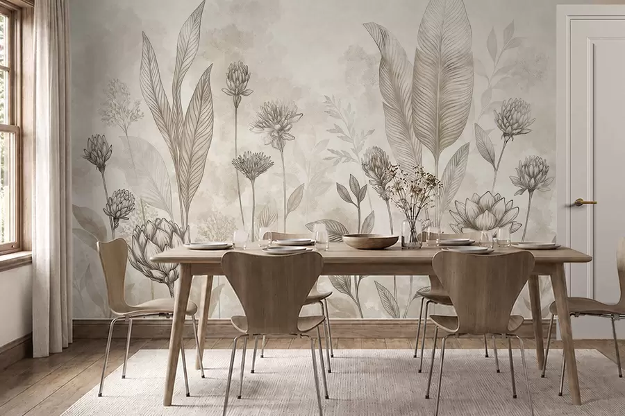 Fototapeta Kompozycja botaniczna z kwiatami i liśćmi w05802