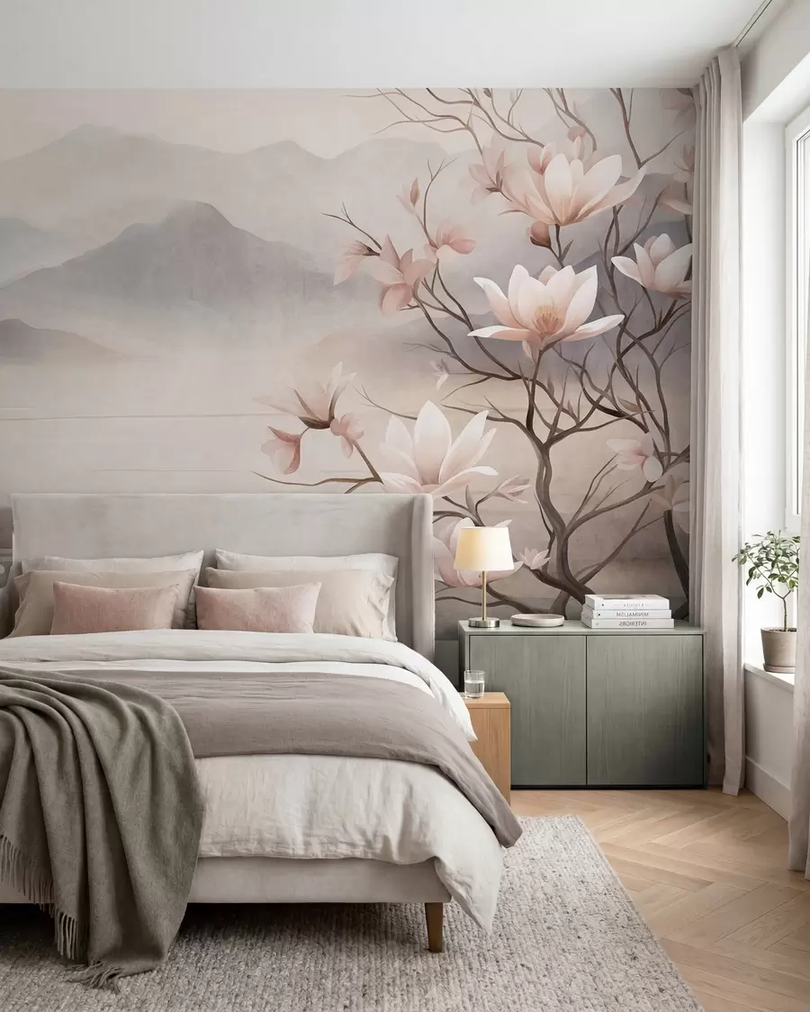 Fototapeta Góry i kwitnące różowe gałęzie magnolii, krajobraz o bogatej fakturze w10013
