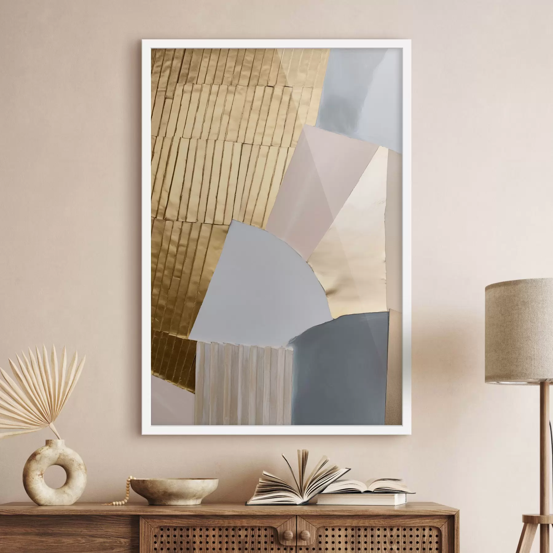 Fototapeta Abstrakcyjne kształty geometryczne w żółtej fakturze oraz w odcieniach bladego różu i szarości f50220
