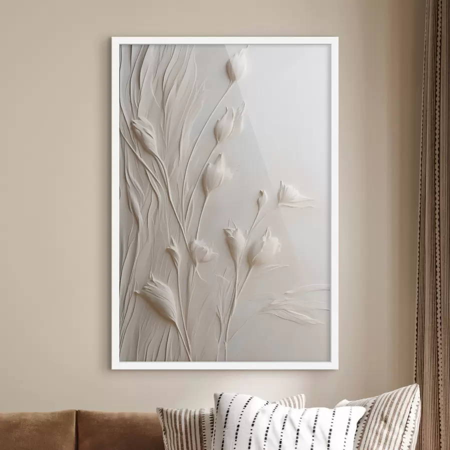 Fototapeta Białe kwiaty i trawa na jasnobrzoskwiniowym tle, minimalistyczna grafika f50227