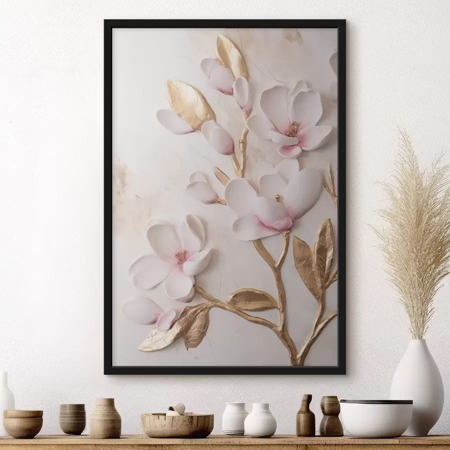 Fototapeta Delikatne, różowe kwiaty magnolii o wyrazistej fakturze z żółtymi akcentami f50230