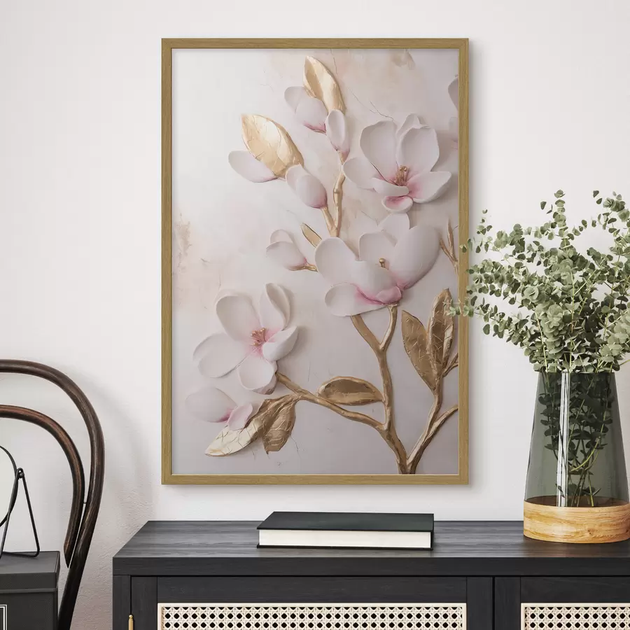 Fototapeta Delikatne, różowe kwiaty magnolii o wyrazistej fakturze z żółtymi akcentami f50230