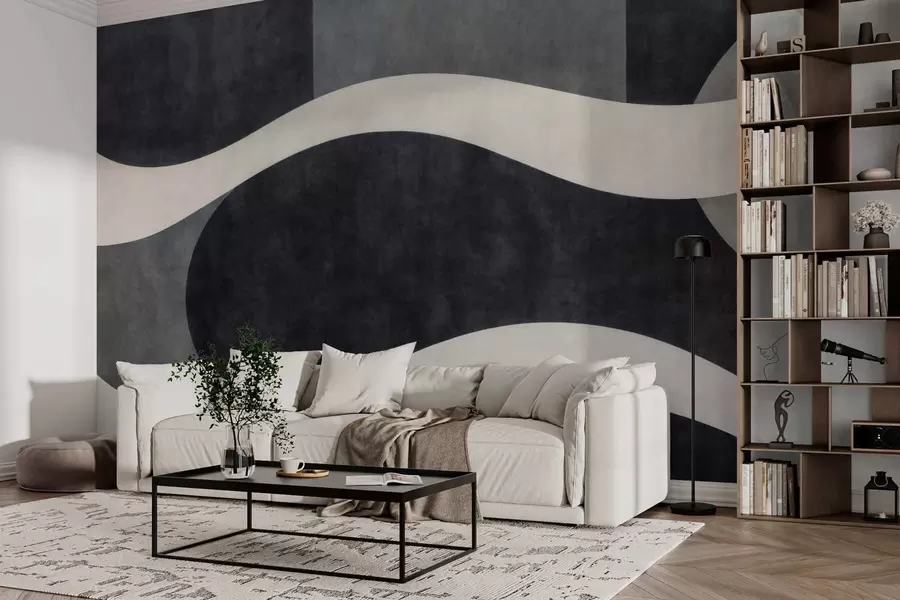 Fototapeta Grafit z płynnymi, jasnymi falami na tle ciemnoszarych form w05854