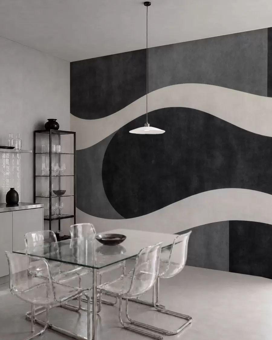 Fototapeta Grafit z płynnymi, jasnymi falami na tle ciemnoszarych form w05854