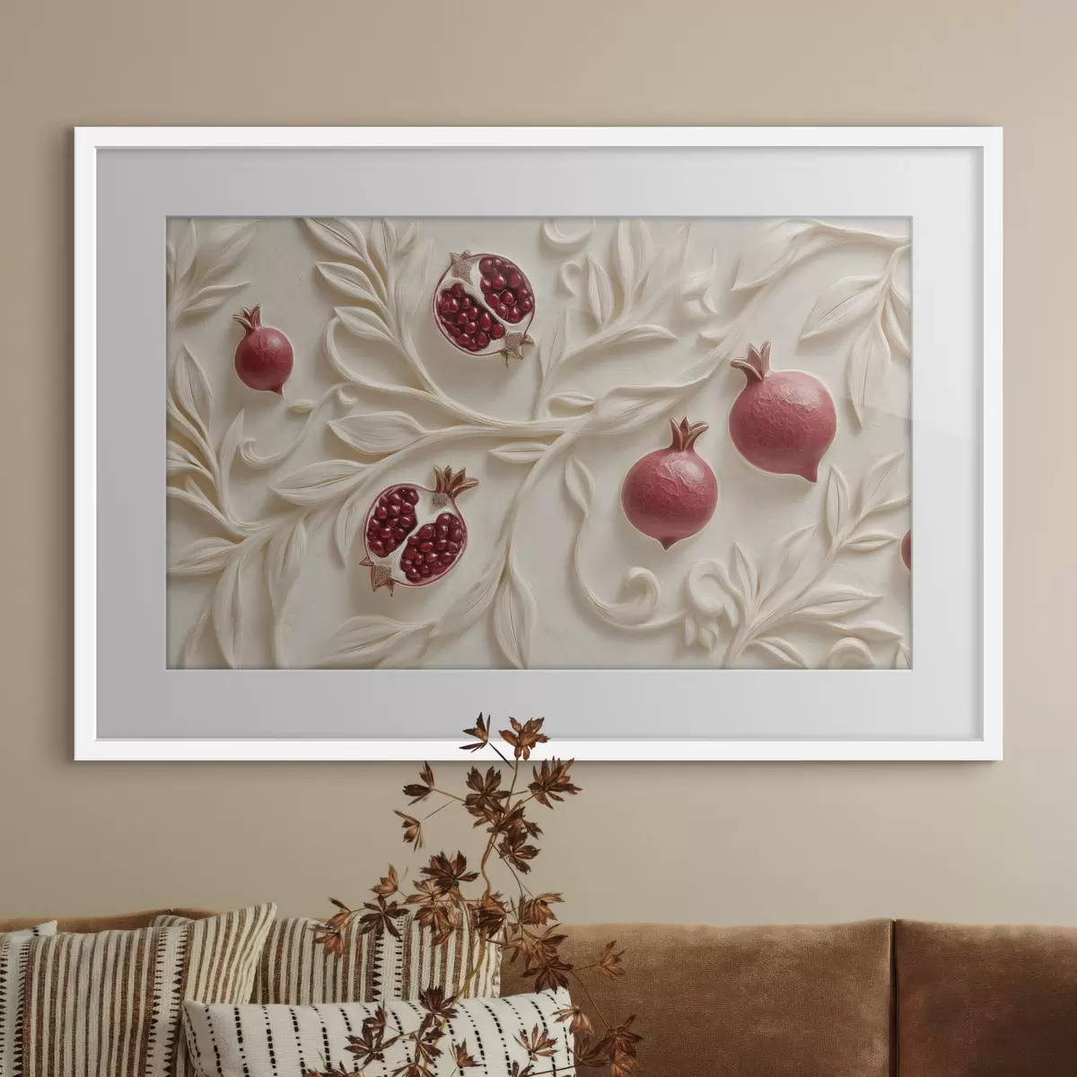 Plakat Czerwone granaty wśród jasnych, ozdobnych gałązek f50428