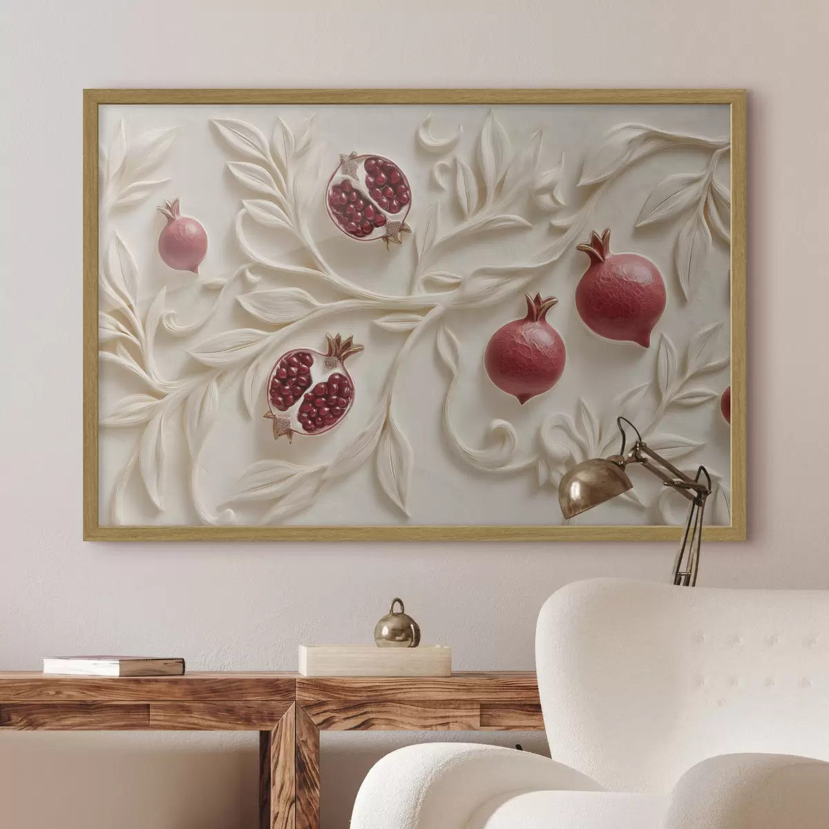 Plakat Czerwone granaty wśród jasnych, ozdobnych gałązek f50428