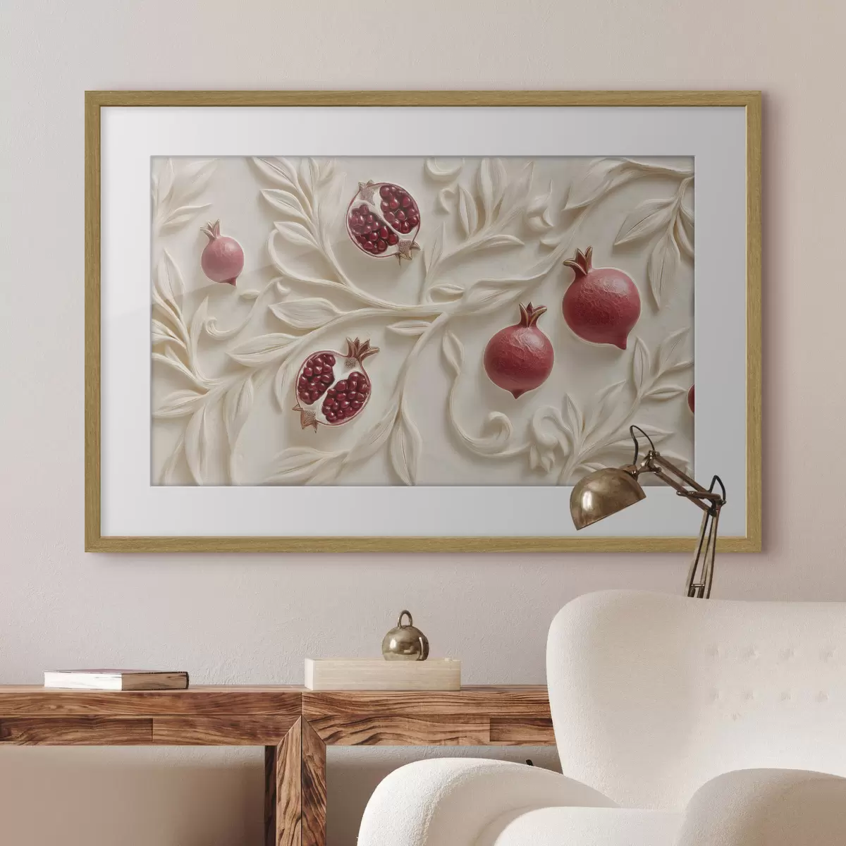 Plakat Czerwone granaty wśród jasnych, ozdobnych gałązek f50428
