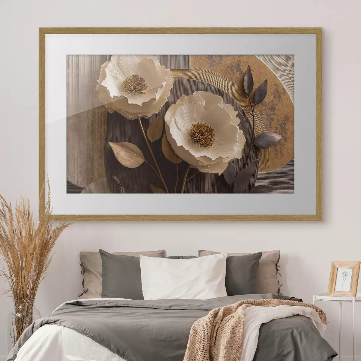 Plakat Duże, jasne kwiaty z ciemnymi liśćmi i kółkami f50430