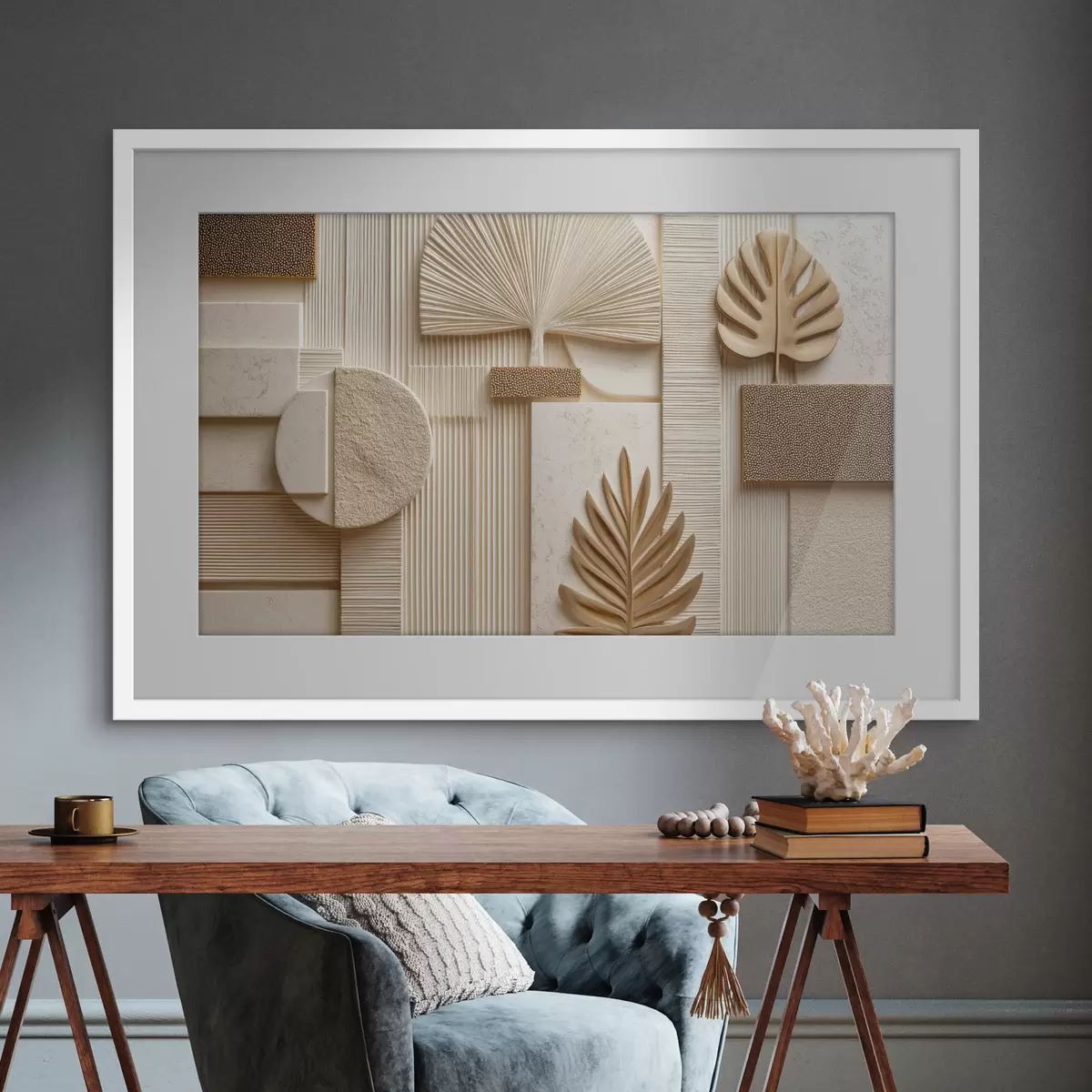 Plakat Liście wśród geometrycznych kształtów f50436