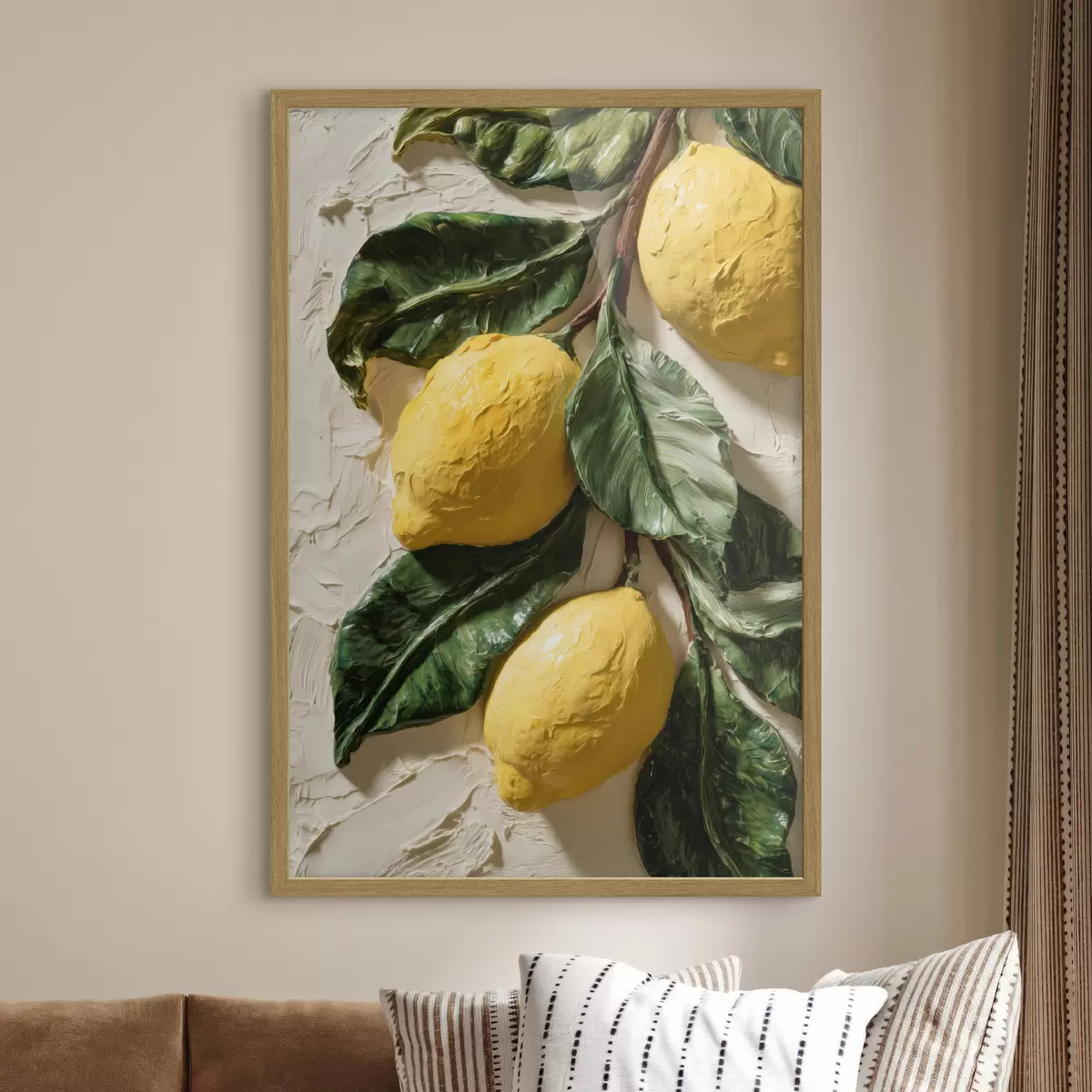 Plakat Cytryny z efektem trójwymiarowości i ciemnozielonymi liśćmi f50444