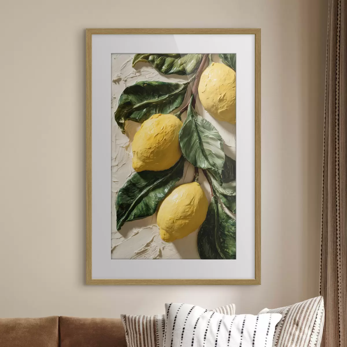 Plakat Cytryny z efektem trójwymiarowości i ciemnozielonymi liśćmi f50444