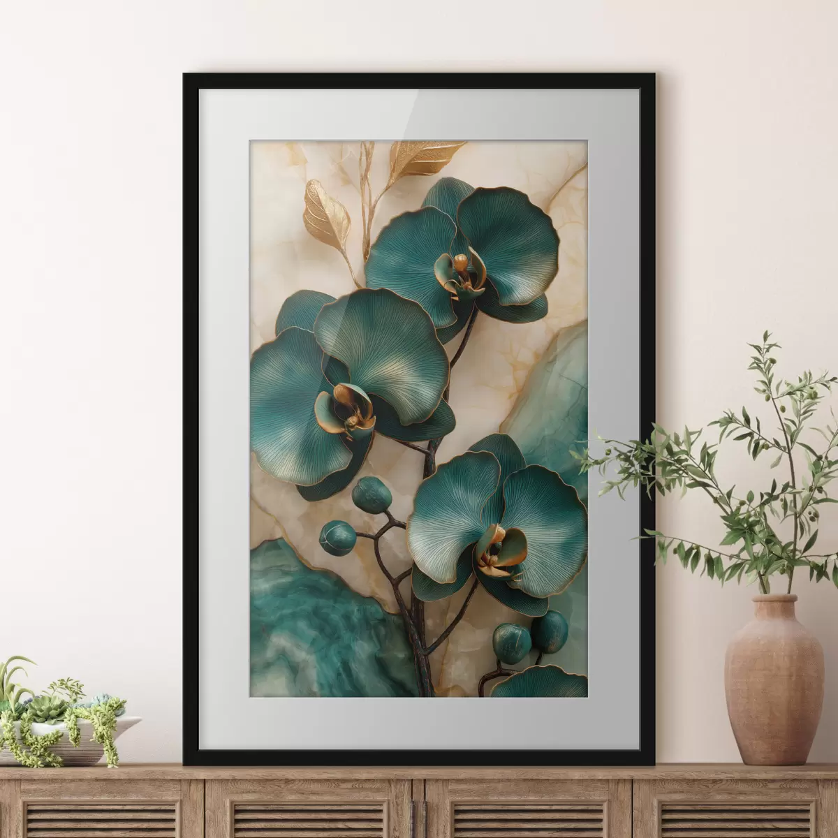 Plakat Turkusowe orchidee na jasnym tle z efektem przypominającym kamień f50456