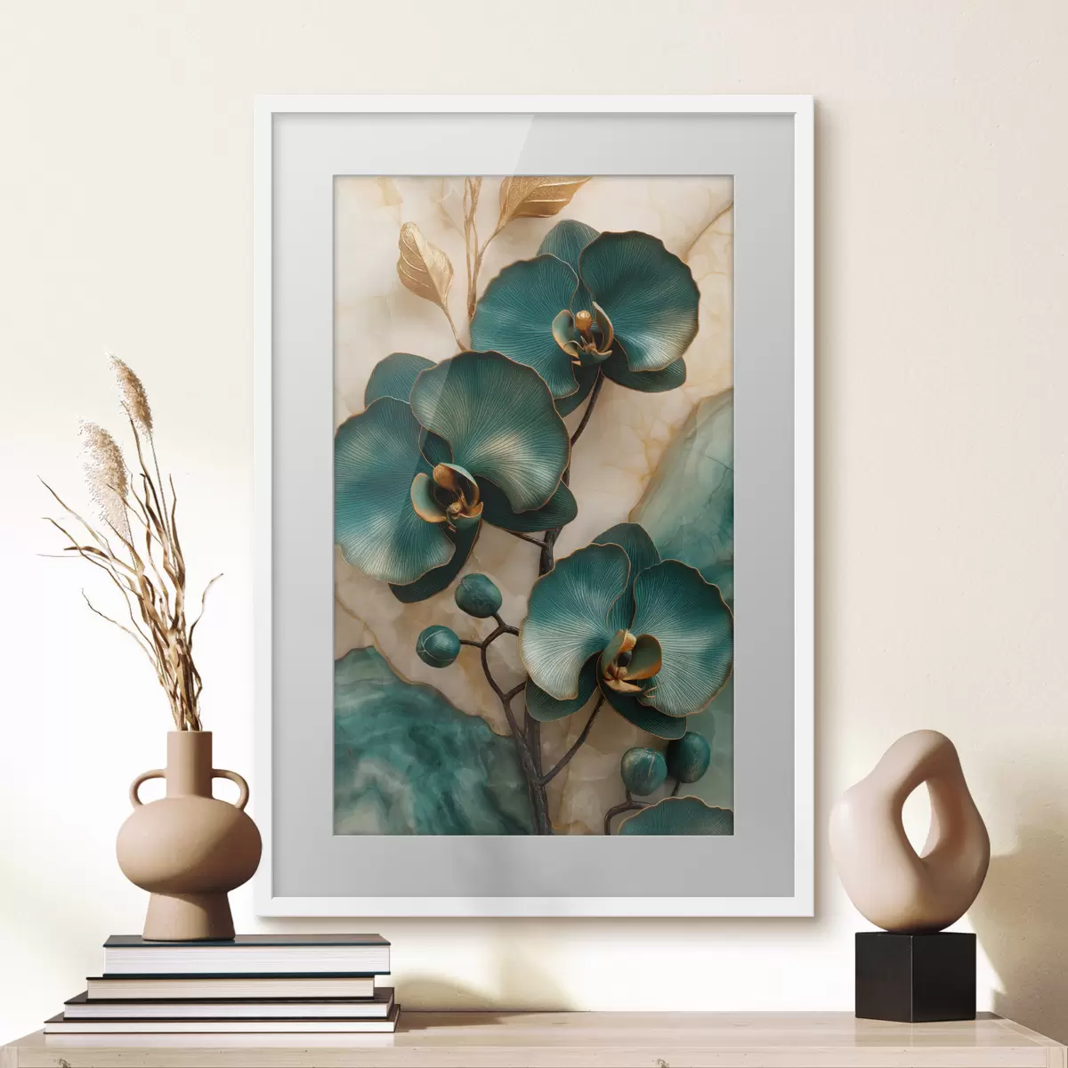 Plakat Turkusowe orchidee na jasnym tle z efektem przypominającym kamień f50456