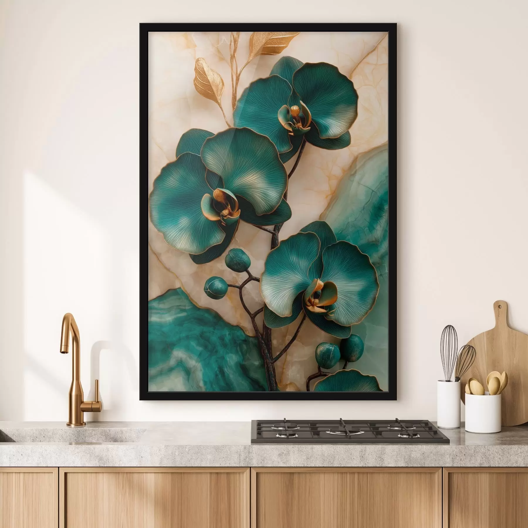 Fototapeta Turkusowe orchidee na jasnym tle z efektem przypominającym kamień f50456
