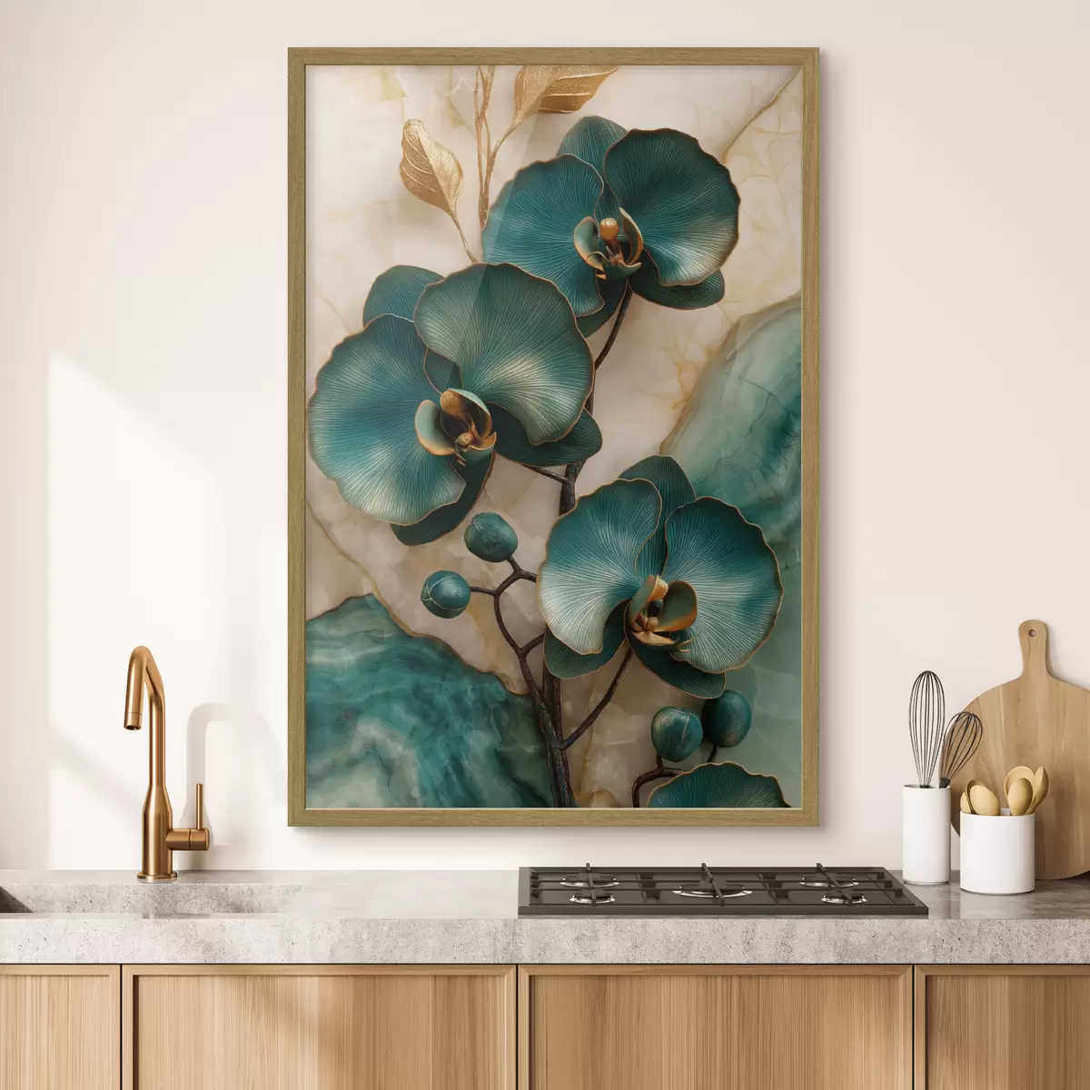 Plakat Turkusowe orchidee na jasnym tle z efektem przypominającym kamień f50456