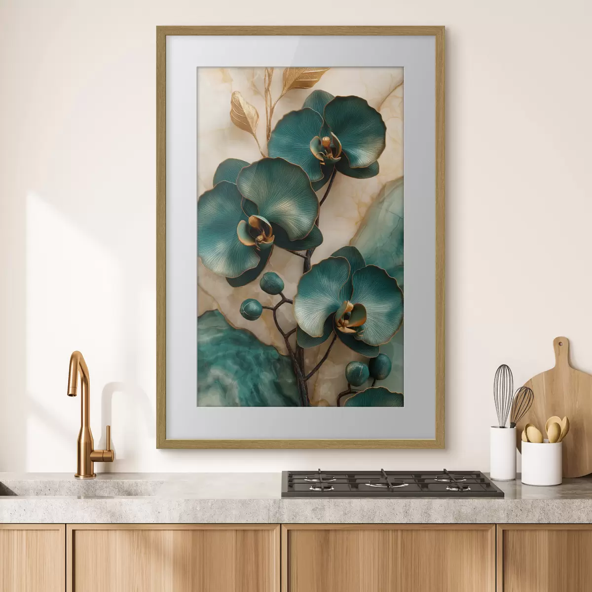 Plakat Turkusowe orchidee na jasnym tle z efektem przypominającym kamień f50456