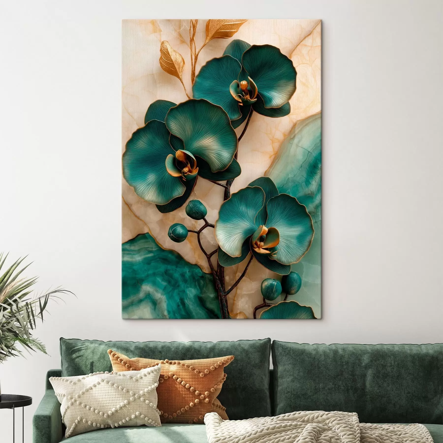 Obraz Turkusowe orchidee na jasnym tle z efektem przypominającym kamień s50456