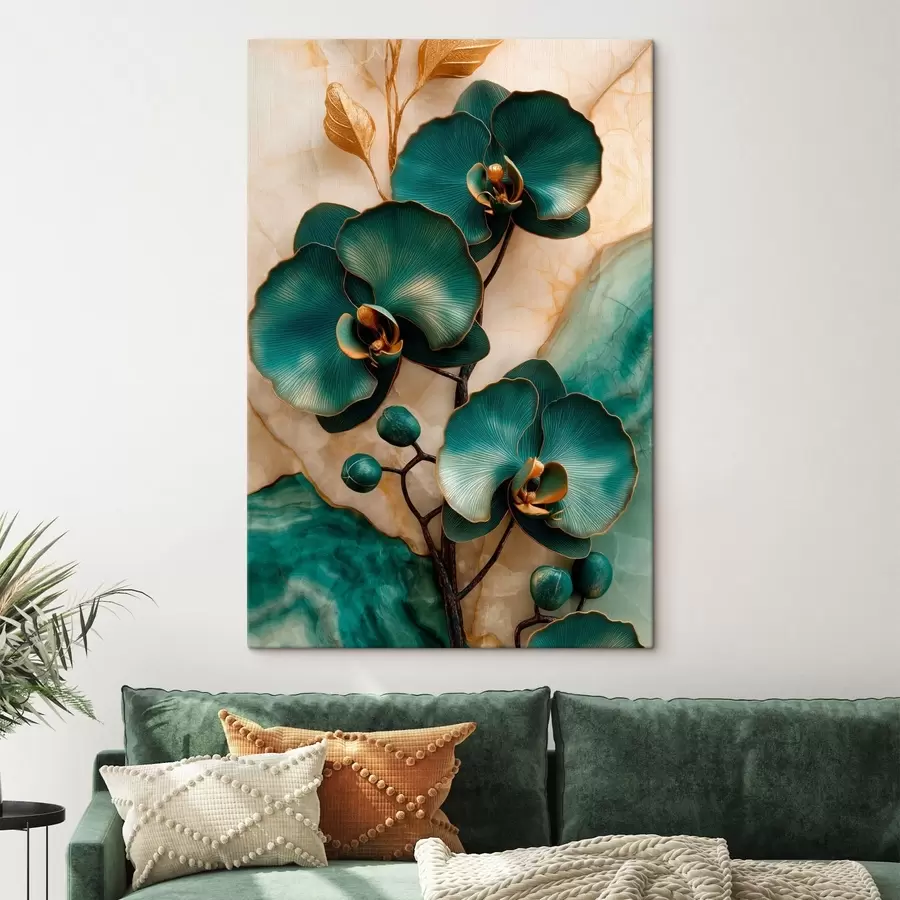 Fototapeta Turkusowe orchidee na jasnym tle z efektem przypominającym kamień s50456