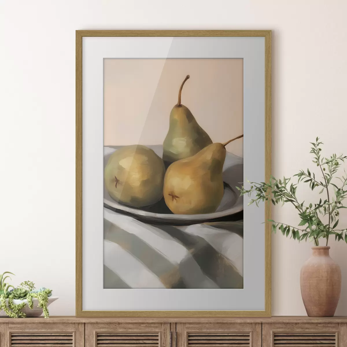 Plakat Martwa natura z gruszkami na tkaninie w paski f50620