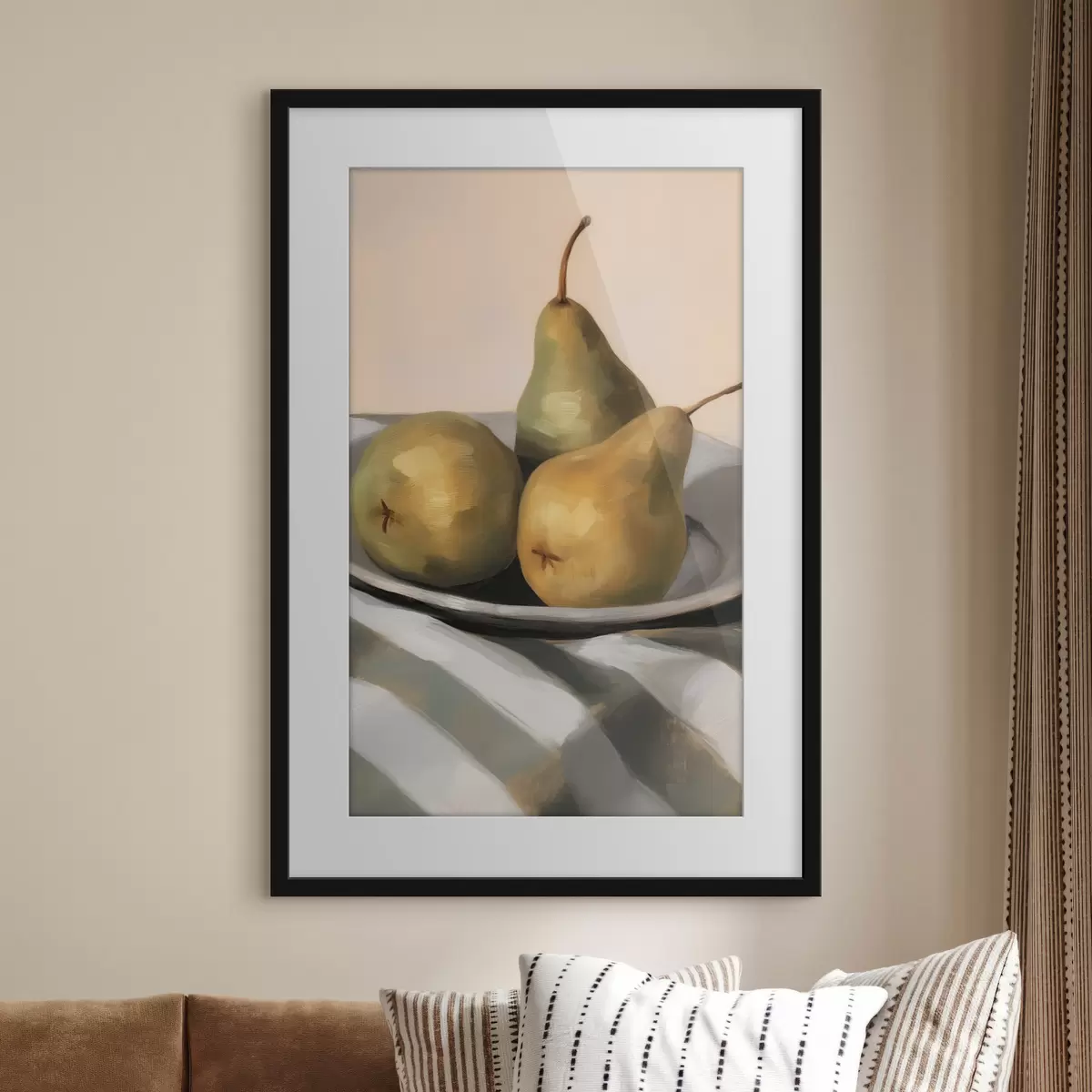 Plakat Martwa natura z gruszkami na tkaninie w paski f50620