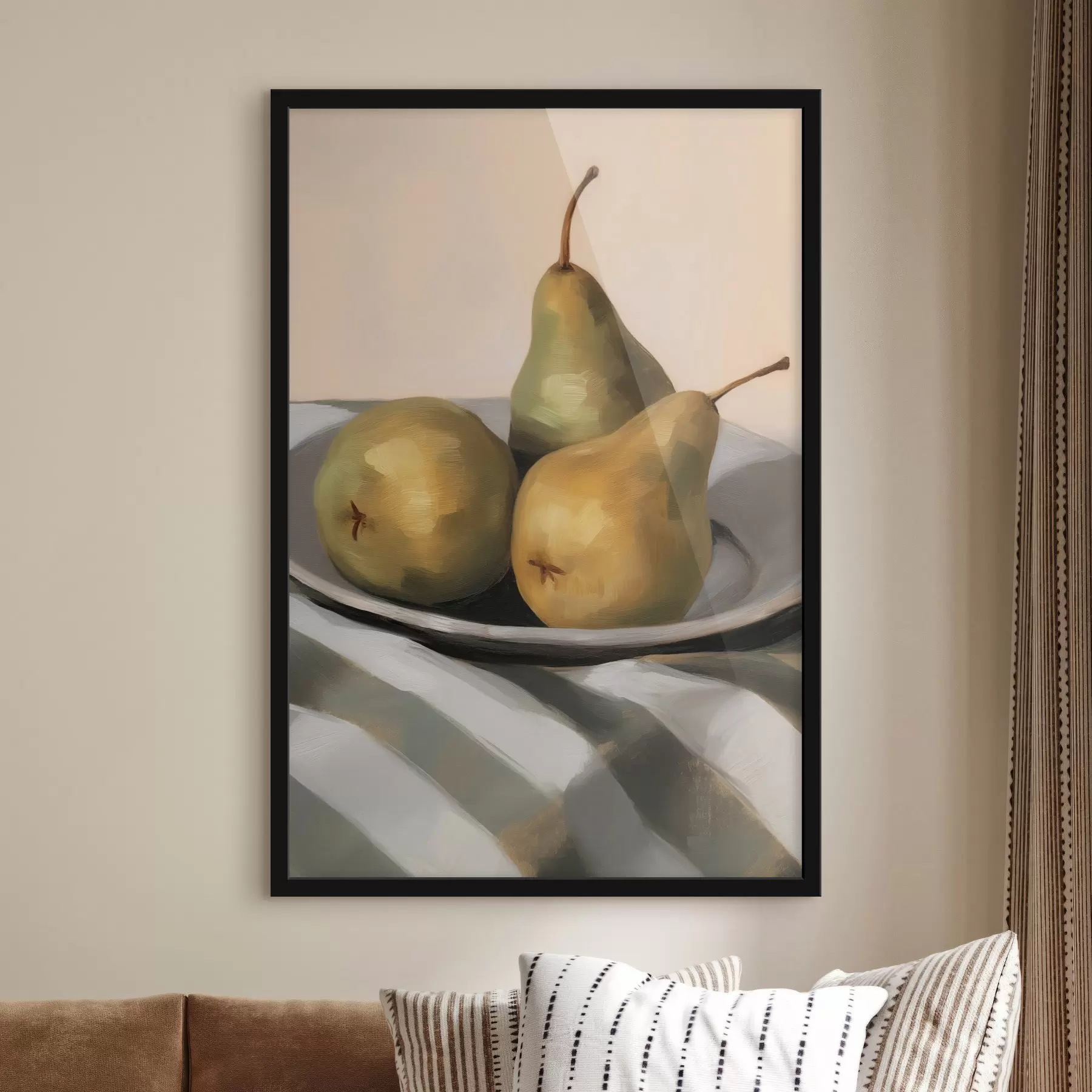 Fototapeta Martwa natura z gruszkami na tkaninie w paski f50620