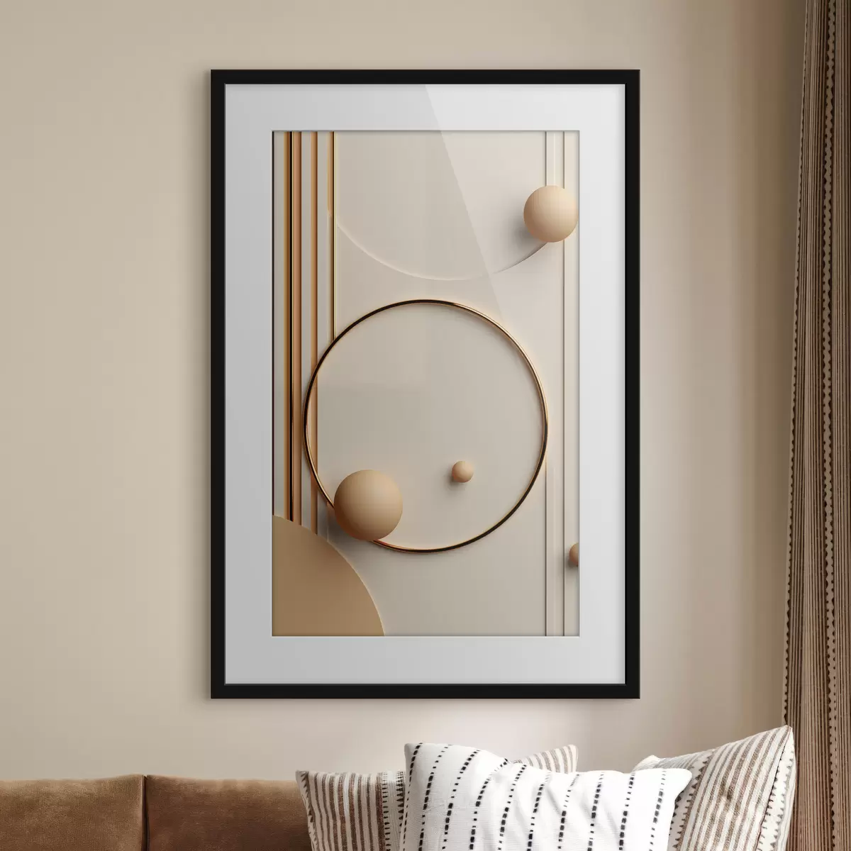 Plakat Abstrakcyjna sztuka współczesna z kulami i pionowymi liniami, minimalistyczna kompozycja f50636