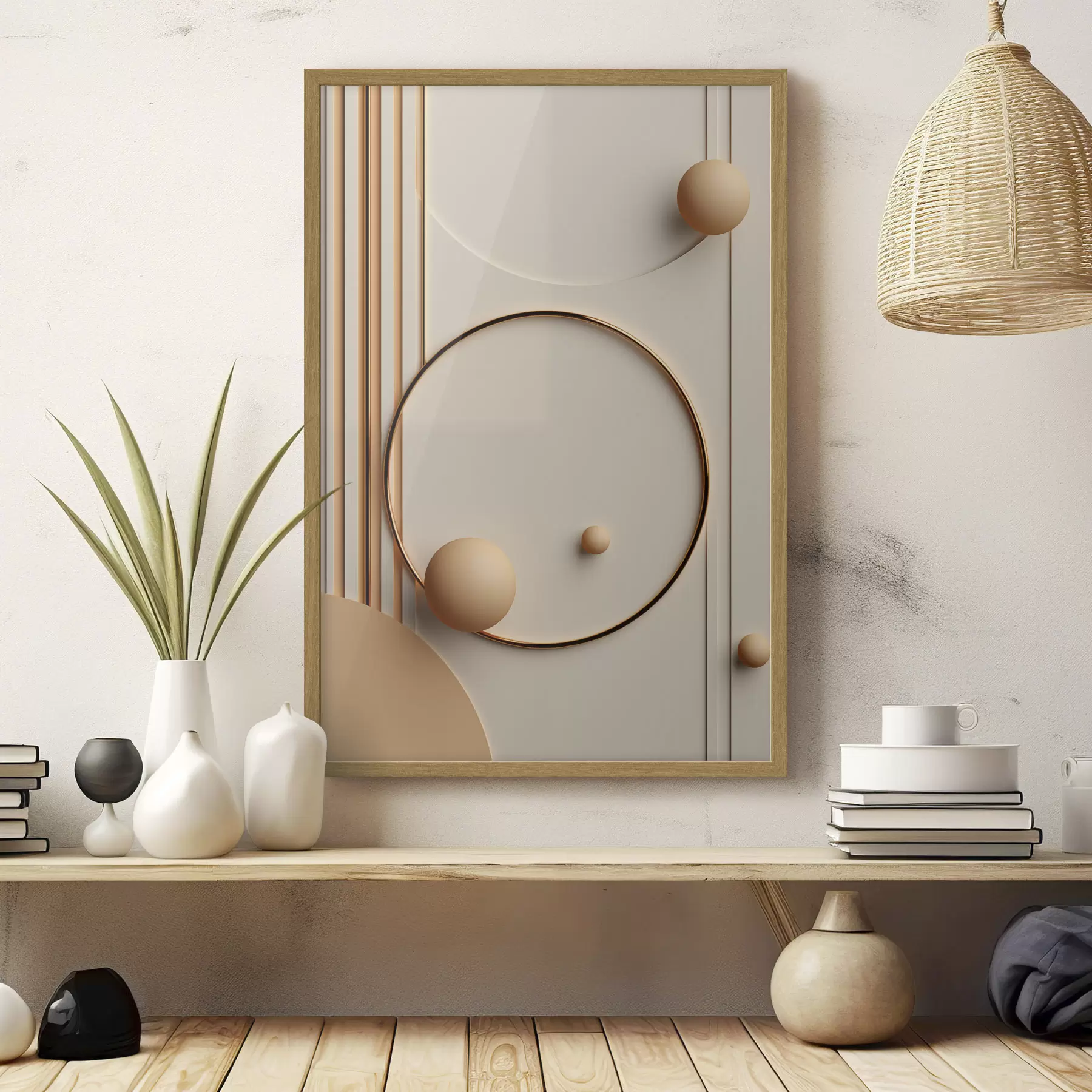 Fototapeta Abstrakcyjna sztuka współczesna z kulami i pionowymi liniami, minimalistyczna kompozycja f50636