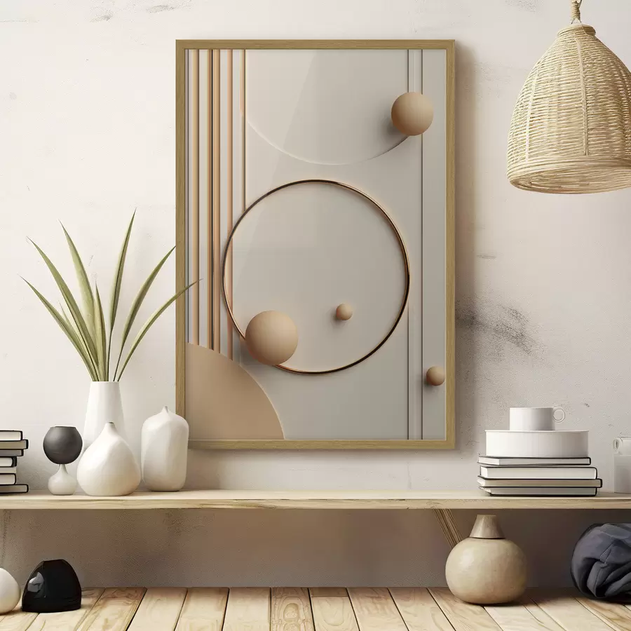 Fototapeta Abstrakcyjna sztuka współczesna z kulami i pionowymi liniami, minimalistyczna kompozycja f50636