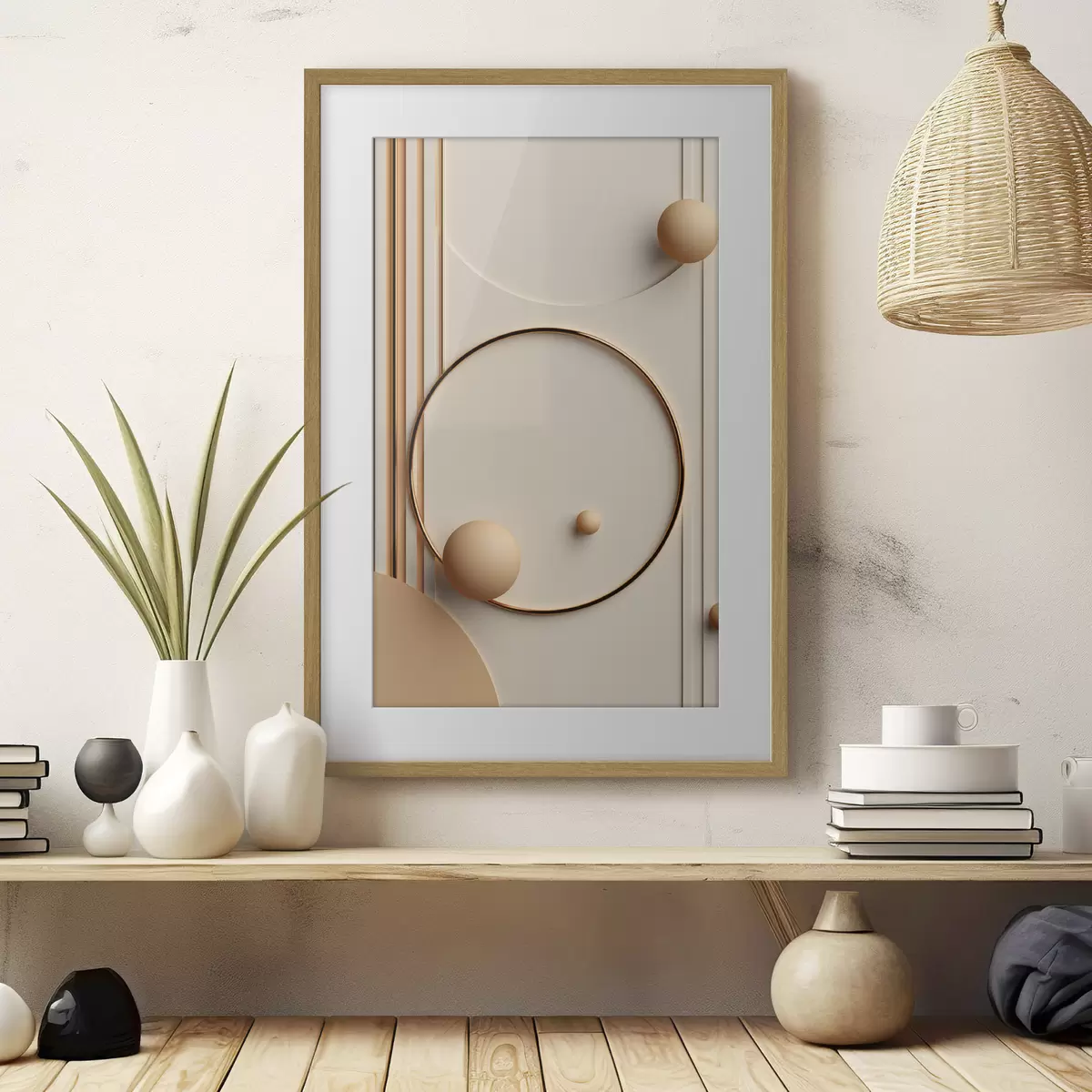 Plakat Abstrakcyjna sztuka współczesna z kulami i pionowymi liniami, minimalistyczna kompozycja f50636