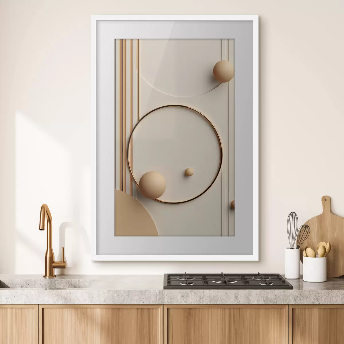 Plakat Abstrakcyjna sztuka współczesna z kulami i pionowymi liniami, minimalistyczna kompozycja f50636
