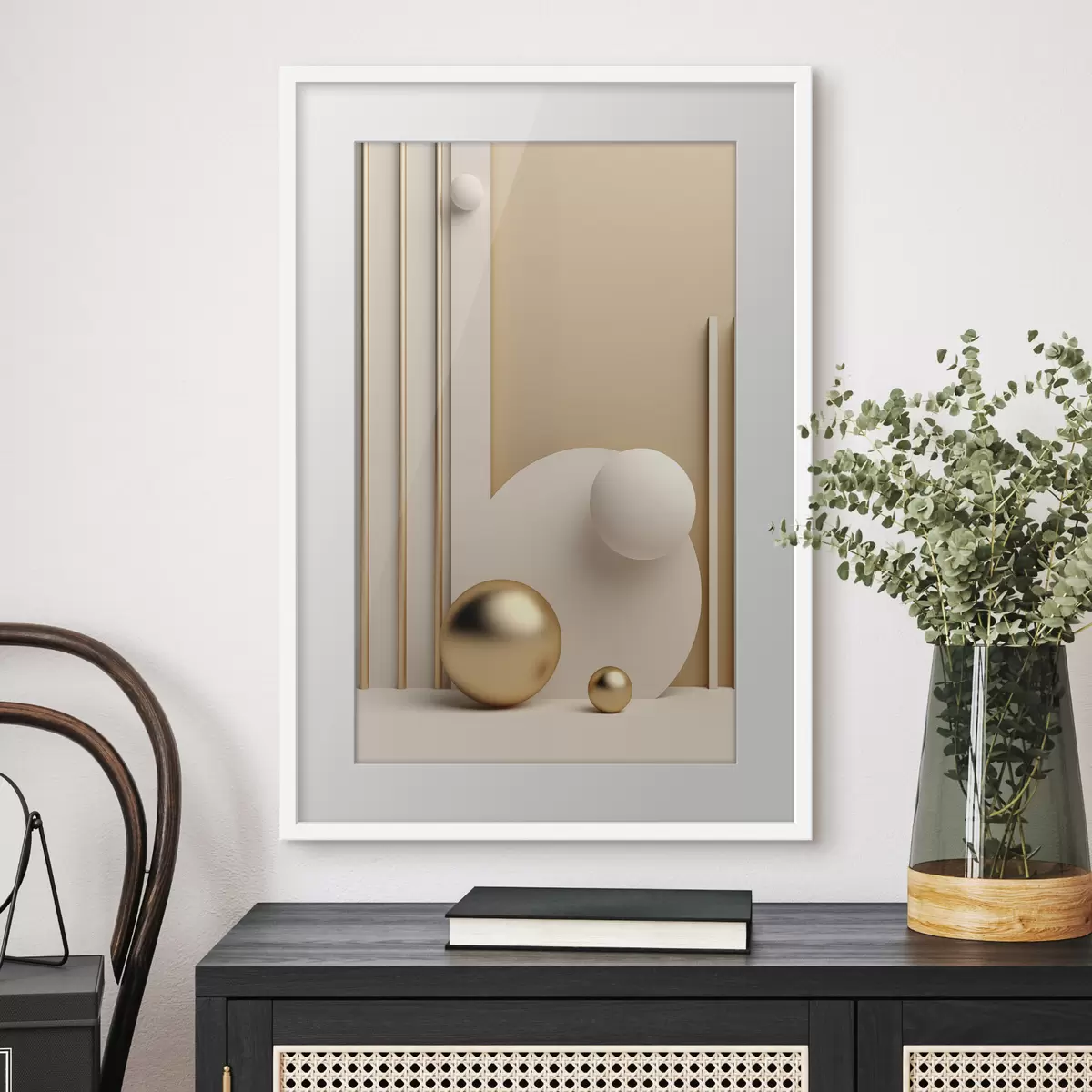 Plakat Abstrakcyjna sztuka współczesna z kulami i pionowymi liniami, minimalistyczna kompozycja f50637