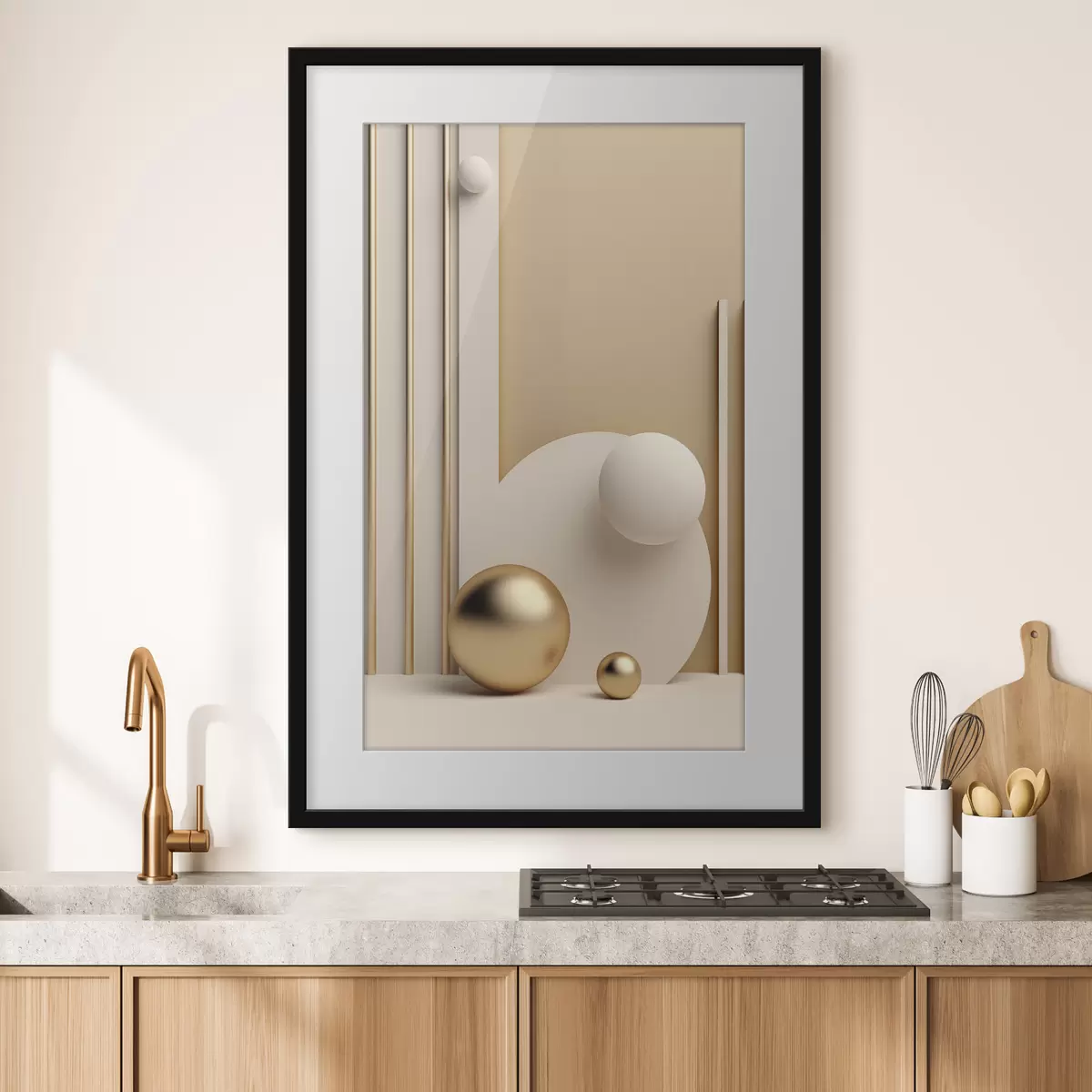 Plakat Abstrakcyjna sztuka współczesna z kulami i pionowymi liniami, minimalistyczna kompozycja f50637