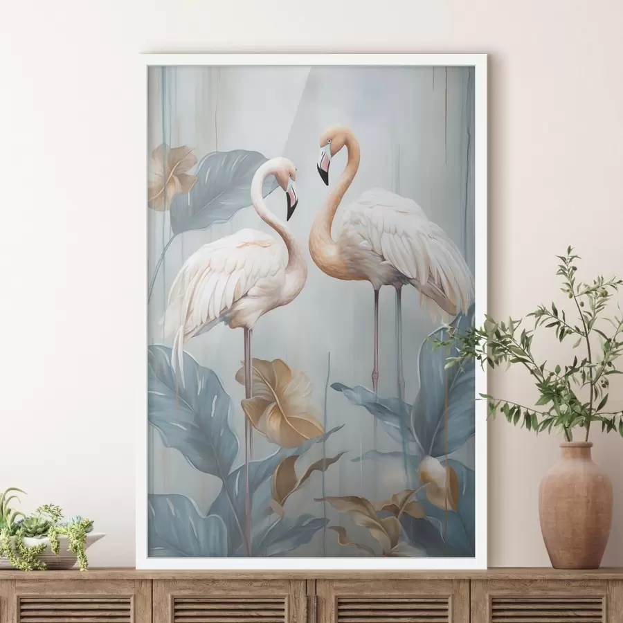 Fototapeta Flamingi z tropikalnymi liśćmi, w pastelowych kolorach f50638