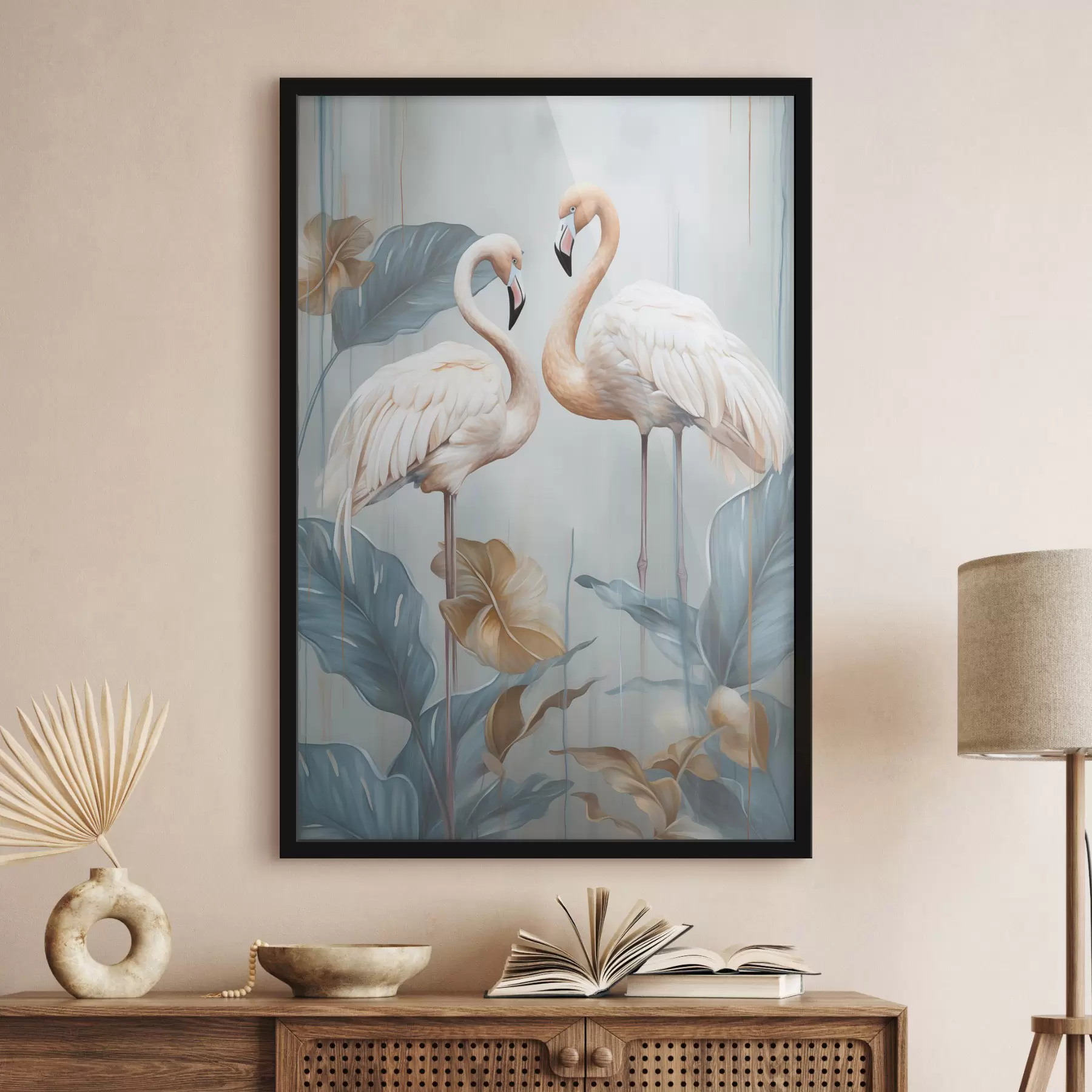 Fototapeta Flamingi z tropikalnymi liśćmi, w pastelowych kolorach f50638