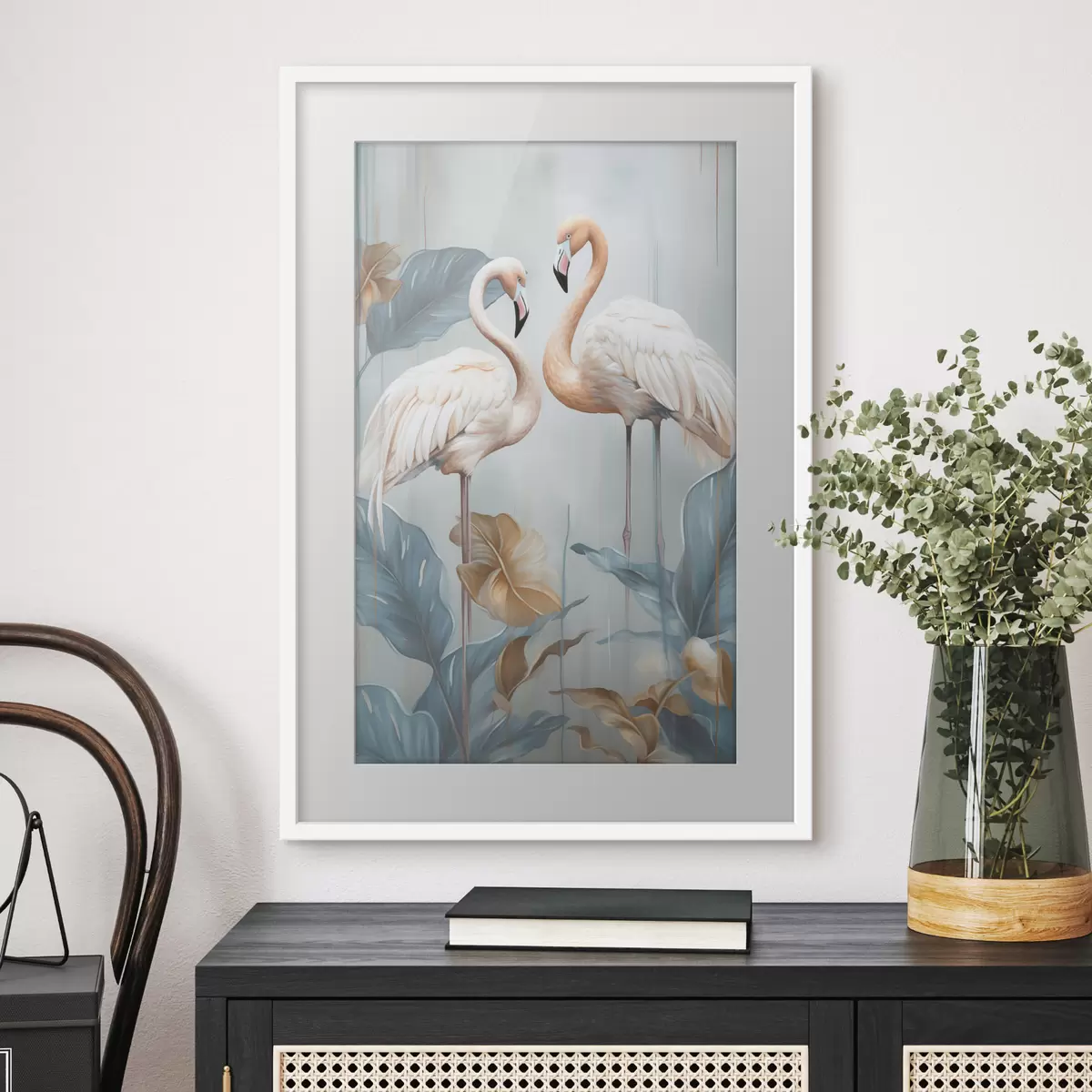 Plakat Flamingi z tropikalnymi liśćmi, w pastelowych kolorach f50638