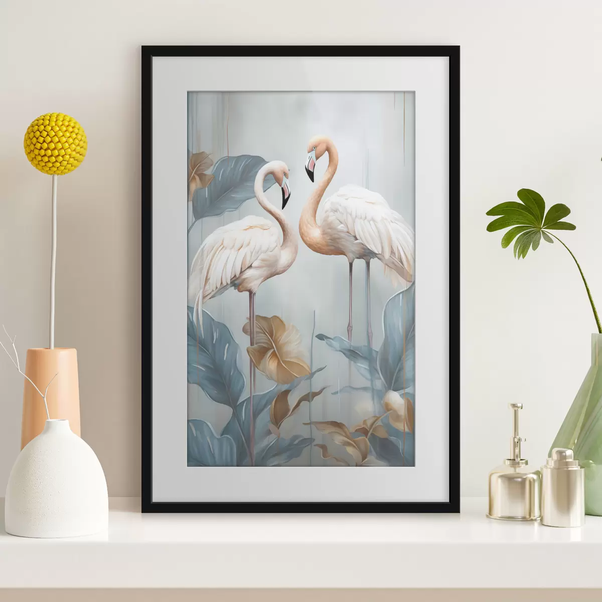 Plakat Flamingi z tropikalnymi liśćmi, w pastelowych kolorach f50638