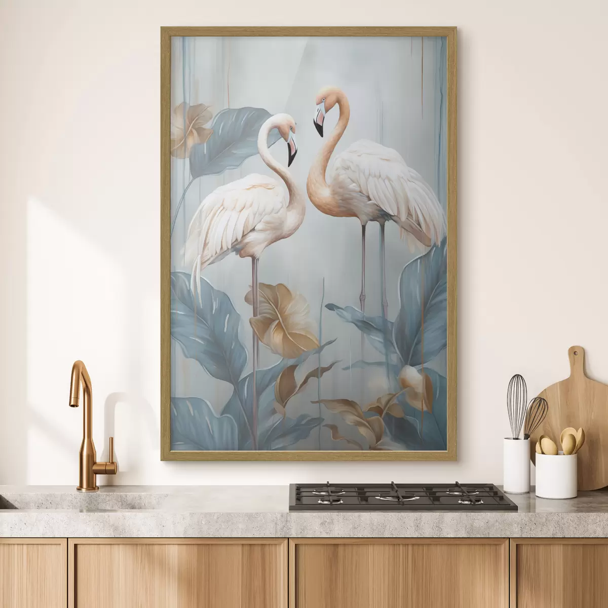 Plakat Flamingi z tropikalnymi liśćmi, w pastelowych kolorach f50638