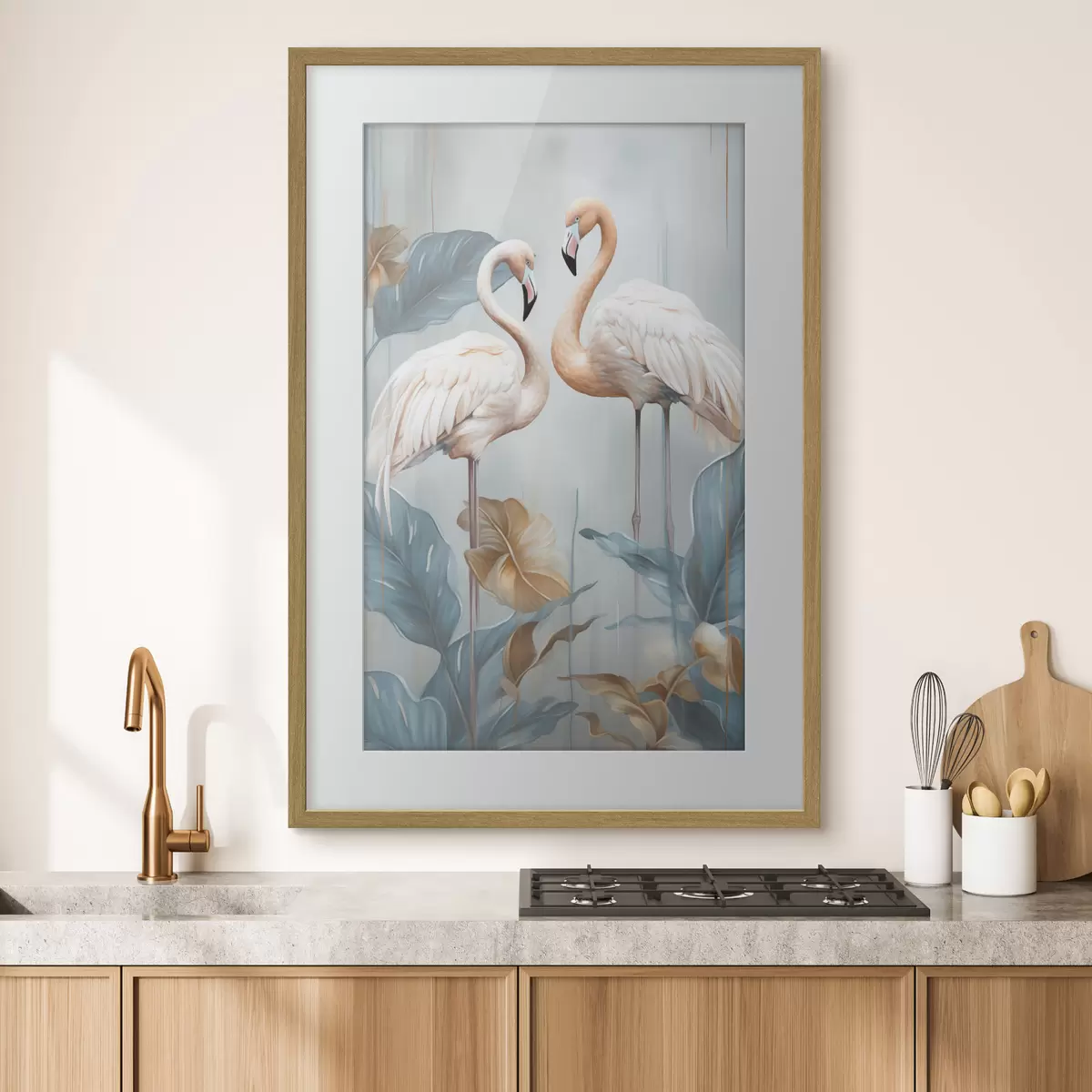 Plakat Flamingi z tropikalnymi liśćmi, w pastelowych kolorach f50638