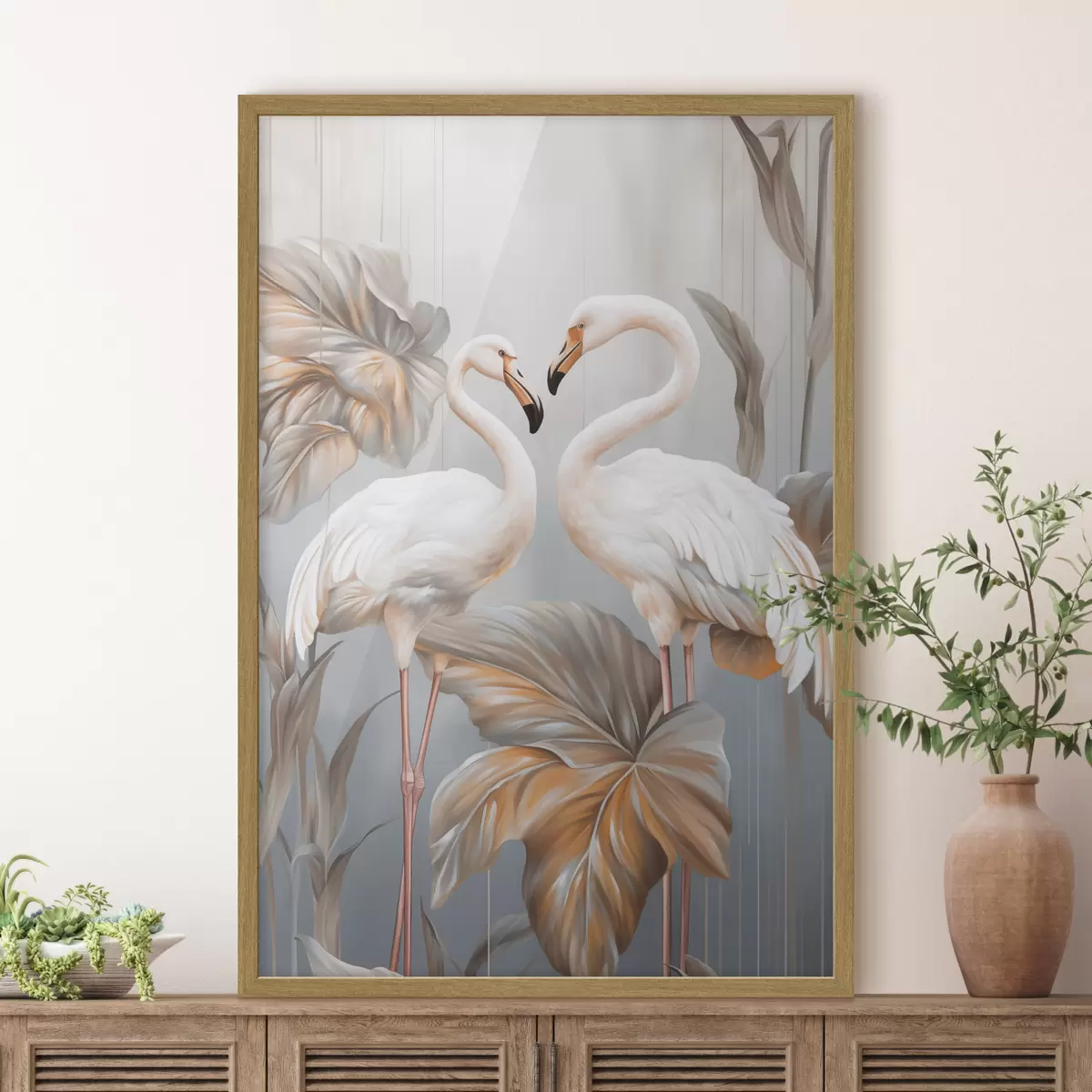 Plakat Flamingi z tropikalnymi liśćmi, w pastelowych kolorach f50639