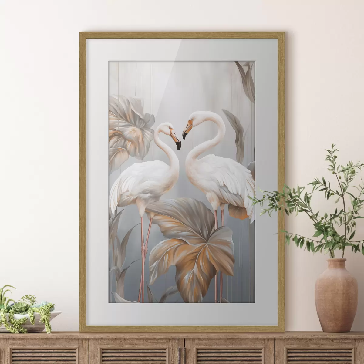 Plakat Flamingi z tropikalnymi liśćmi, w pastelowych kolorach f50639
