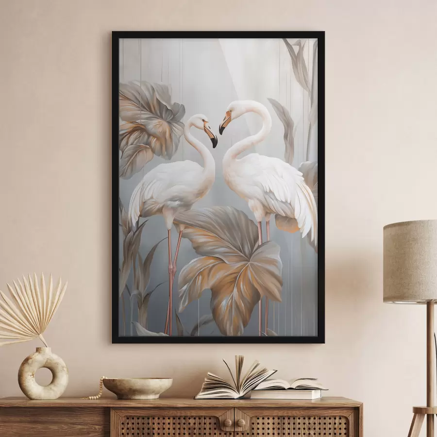 Fototapeta Flamingi z tropikalnymi liśćmi, w pastelowych kolorach f50639