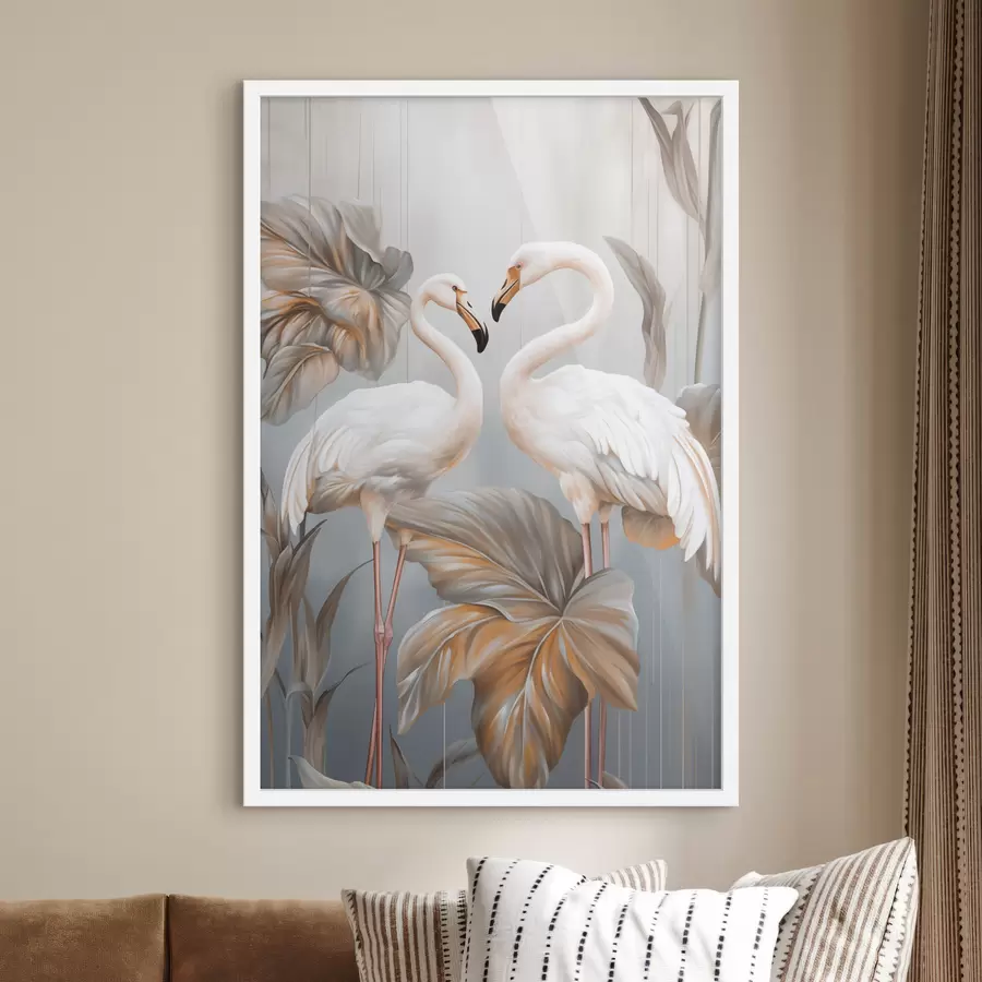 Fototapeta Flamingi z tropikalnymi liśćmi, w pastelowych kolorach f50639
