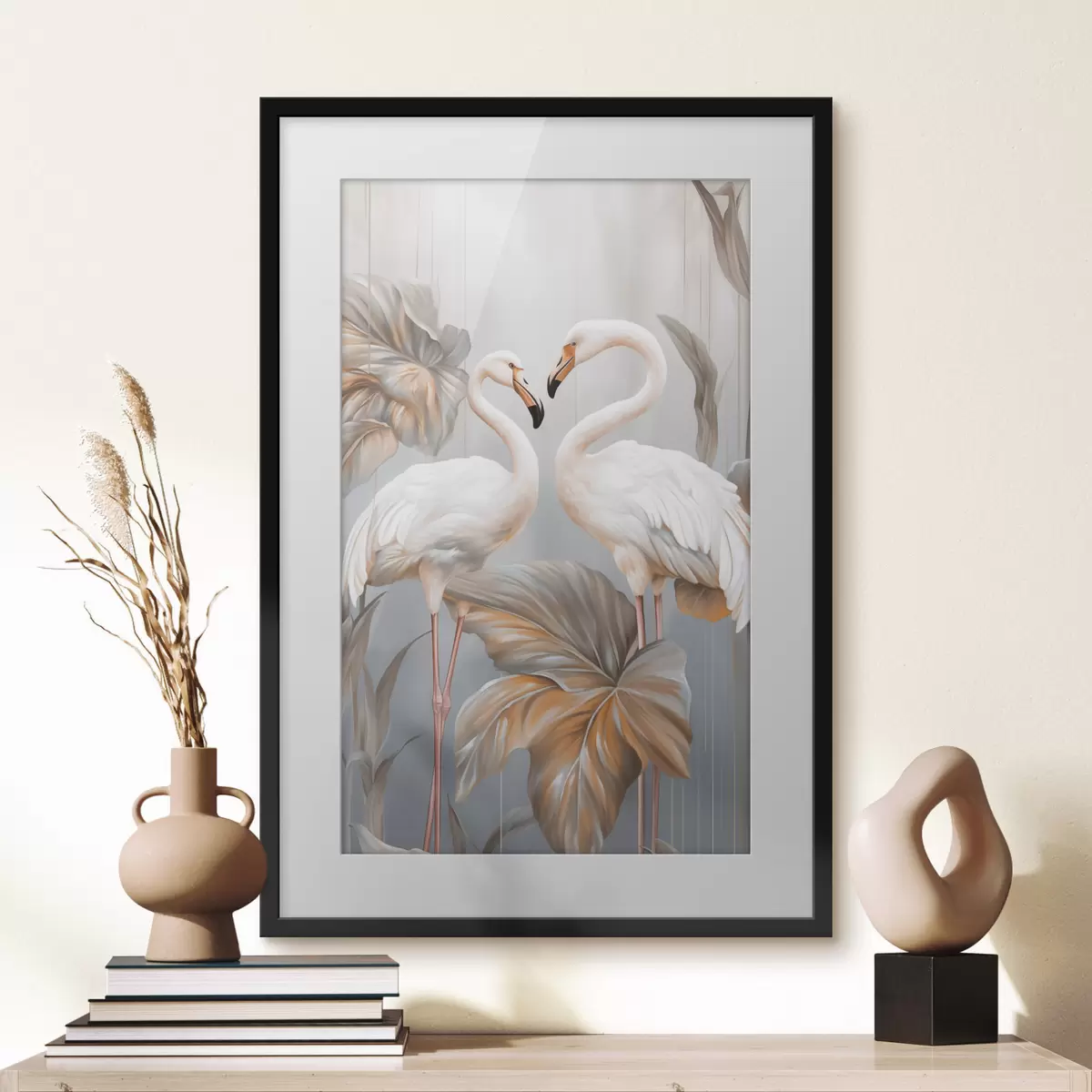 Plakat Flamingi z tropikalnymi liśćmi, w pastelowych kolorach f50639