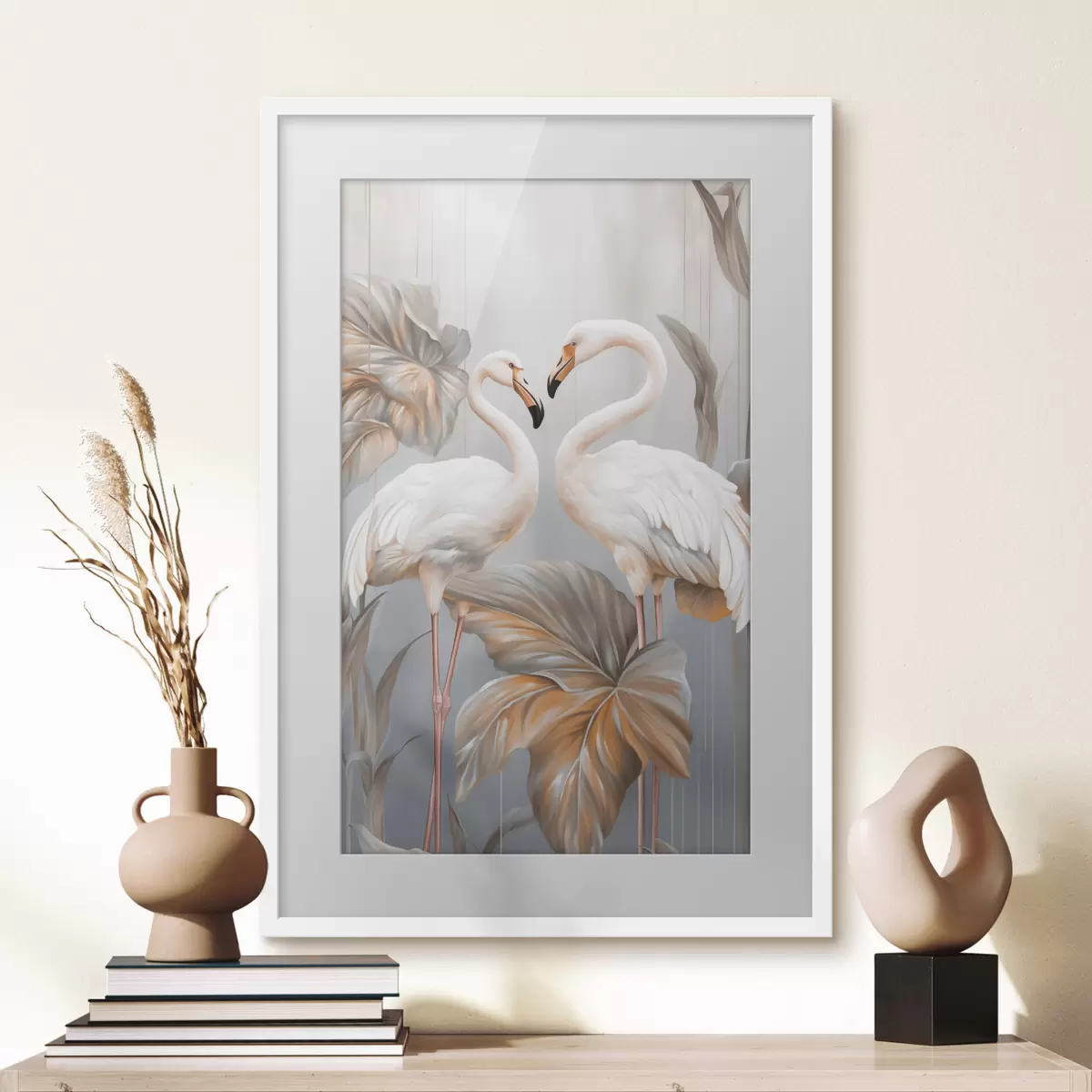 Plakat Flamingi z tropikalnymi liśćmi, w pastelowych kolorach f50639