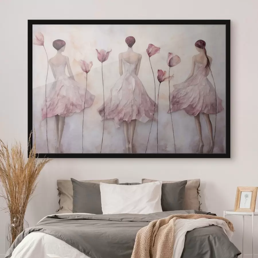 Fototapeta Trzy postacie kobiet w różowych sukienkach wśród kwiatów f50582