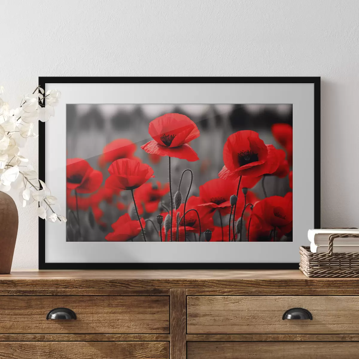 Plakat Jaskrawoczerwone maki na monochromatycznym tle f50584