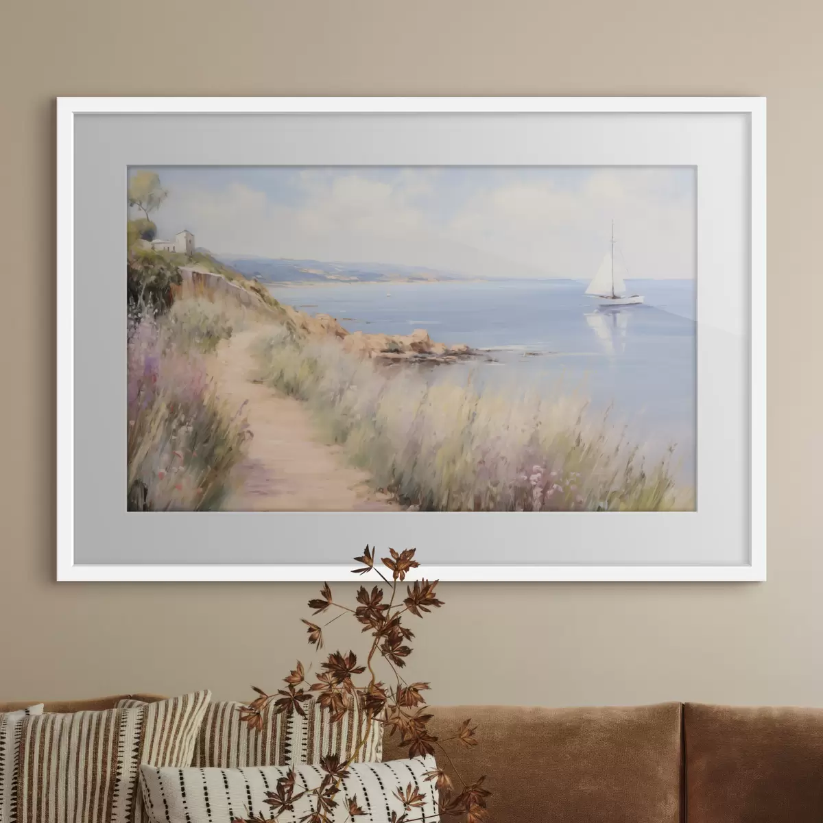 Plakat Nadmorska ścieżka z kwiatami i żaglówką f50592