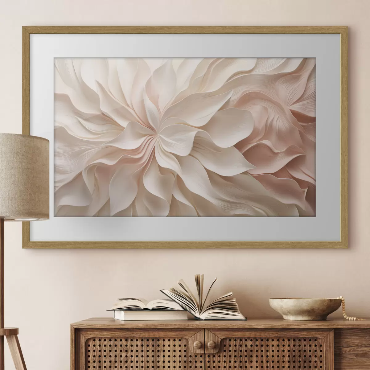 Plakat Trójwymiarowe motywy kwiatowe w odcieniach kremowym i różowym f50599