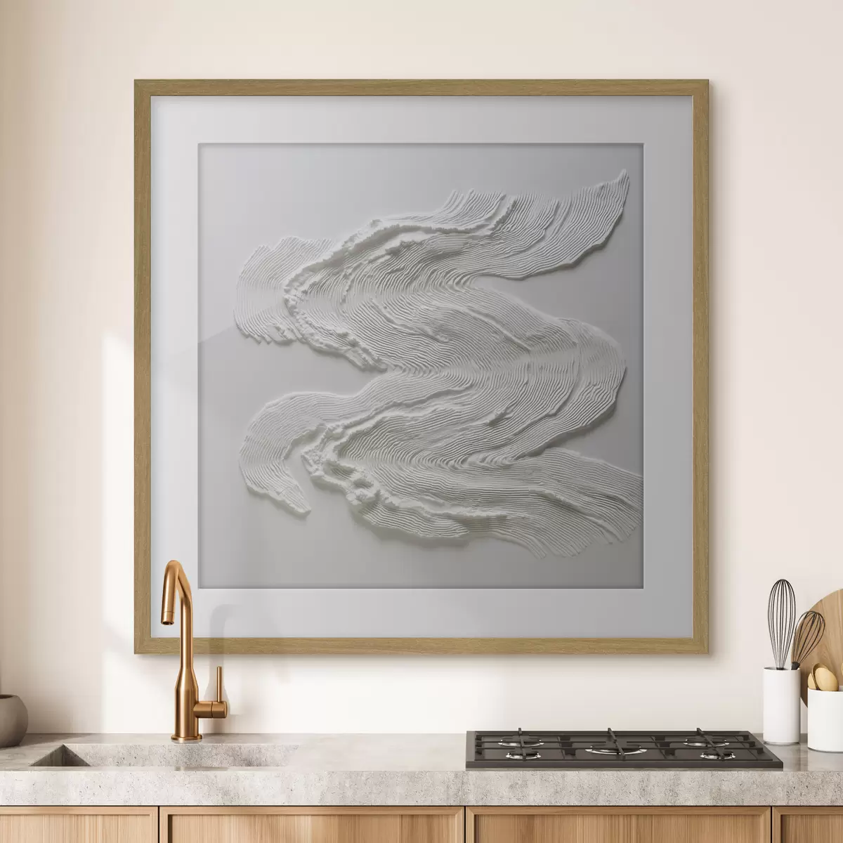 Plakat Wymiarowa, falista abstrakcja o wyrazistej liniowej fakturze w monochromatycznej bieli f50007